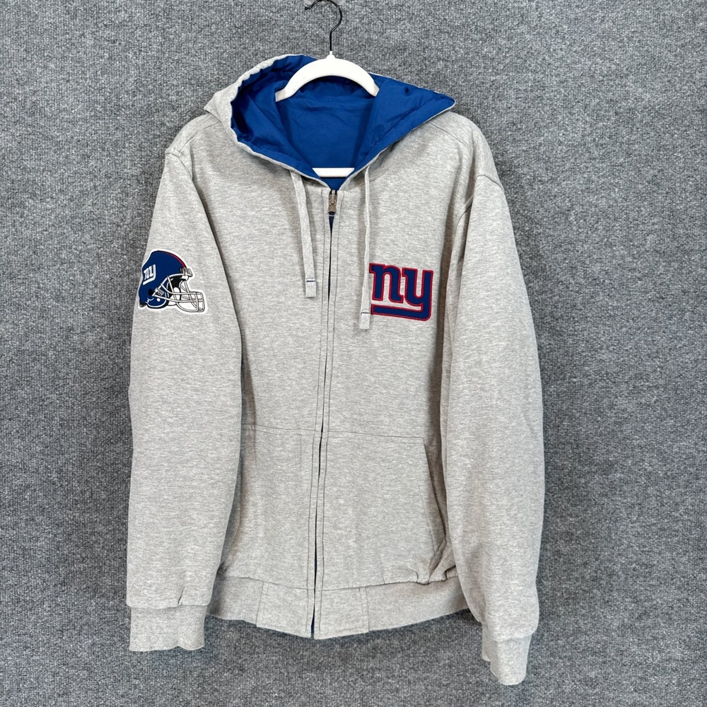 New York Giants Jacket Mens Large Blue Reversible Stitched Hooded Full Zip